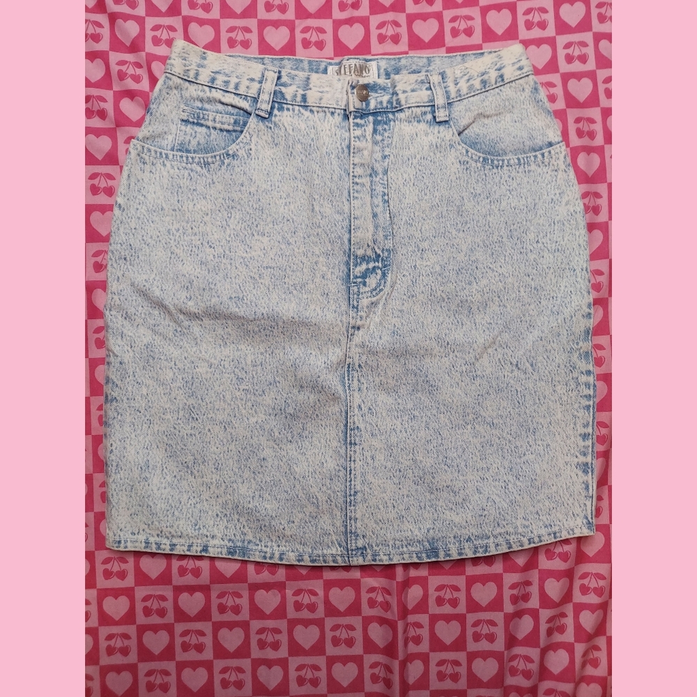 Vintage 80s Denim Blue Jean Steffano World Wide Acid Wash  Skirt
